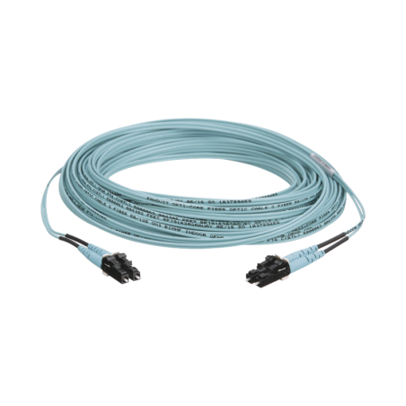 Jumper de Fibra Optica Multimodo 50/125 OM3 LC-LC Duplex OFNR (Riser) Aqua 50 Metros