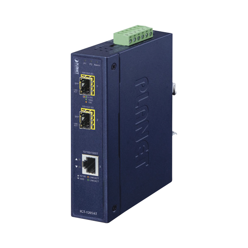 Convertidor de Medios Industrial de 1 Puerto Ethernet 10/100/1000 Base-T a 2 Puertos SFP 100/1000/2500 Base-X