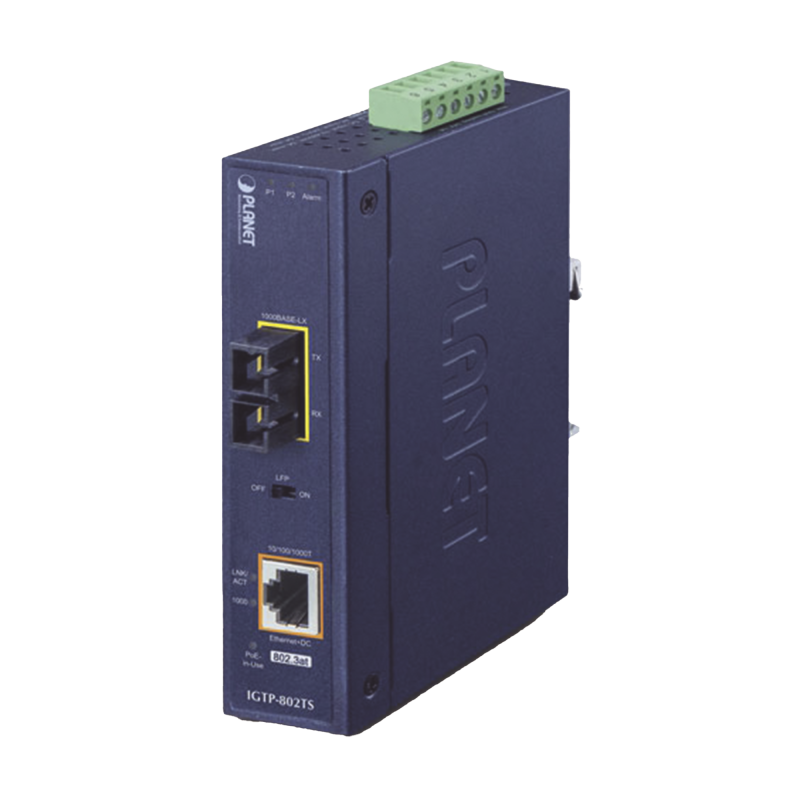 Convertidor de medios industrial PoE+ 1000BASE-LX a 10/100/1000BASE-T 802.3at SCSM -20 km