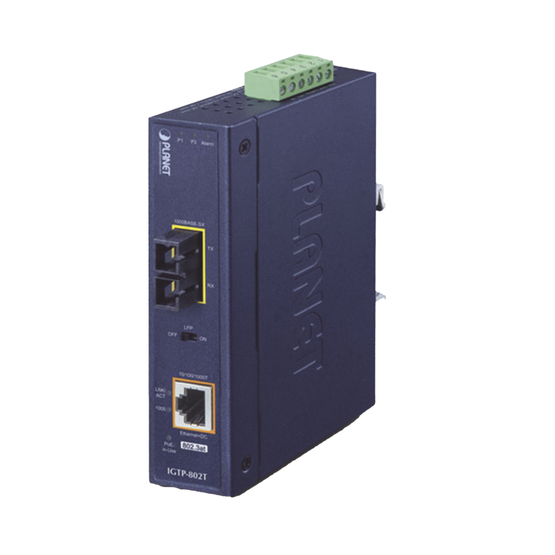 Convertidor de medios industrial PoE+ 1000BASE-SX a 10/100/1000BASE-T 802.3at SCMM -550 m