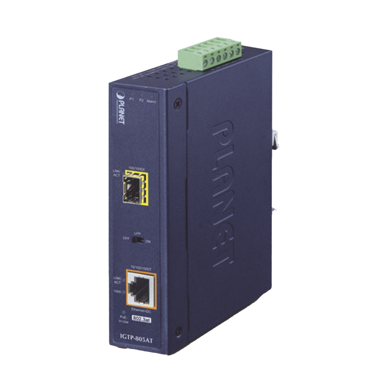 Convertidor de medios industrial PoE+ 1000BASE-SX/LX a 10/100/1000BASE-T 802.3at mini-GBIC SFP