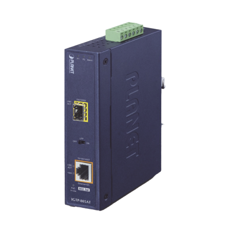 Convertidor de medios industrial PoE+ 1000BASE-SX/LX a 10/100/1000BASE-T 802.3at mini-GBIC SFP