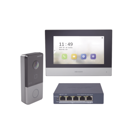 Kit de Videoportero IP + Switch Poe Poe Estandarllamada a App de Smartphone HikConnect / Aperturatarjeta MIFARE / Frente de call