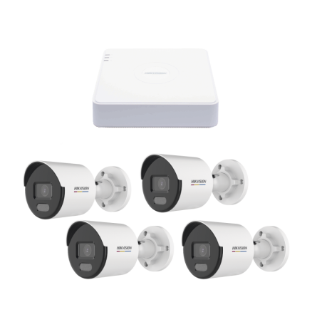 Kit IP 1080p 2 MP / NVR de 4 Canales4 PtosPoE / 4 Camaras IP Bala ColorVu Lite y ACUSENSE Lite / Mic. Int.