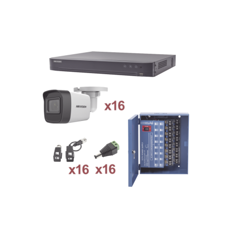 KIT TurboHD 1080p / DVR 16 Canales / 16 Camaras Bala exterior 2.8 mm / Transceptores / Conectores / Fuente de Poder Profesional