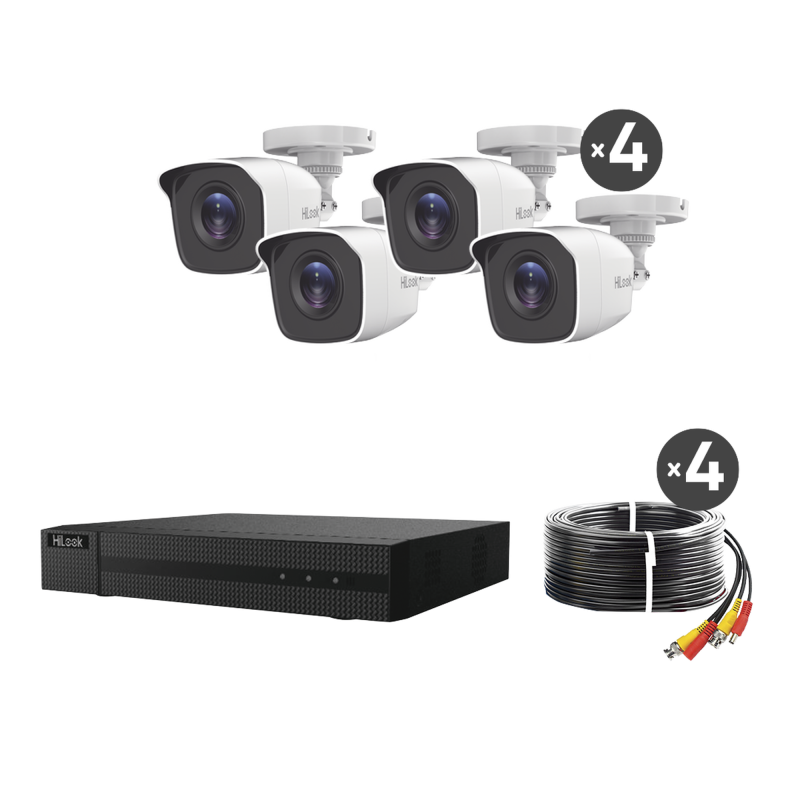 KIT TurboHD 1080p / DVR 4 canales / 4 Camaras Bala de Metal / H.265+ / 1 Fuente de Poder Profesional / Accesorios de Instalacion