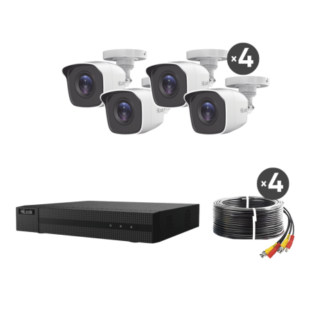 KIT TurboHD 1080p / DVR 4 canales / 4 Camaras Bala de Metal / H.265+ / 1 Fuente de Poder Profesional / Accesorios de Instalacion