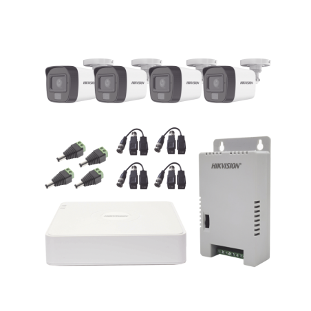 Kit TURBOHD 1080p / DVR 4 Canales / 4 CamarasMic. Int. y 101° Vision / Luz Blanca + IR Vision Nocturna / Transceptores / Conecto