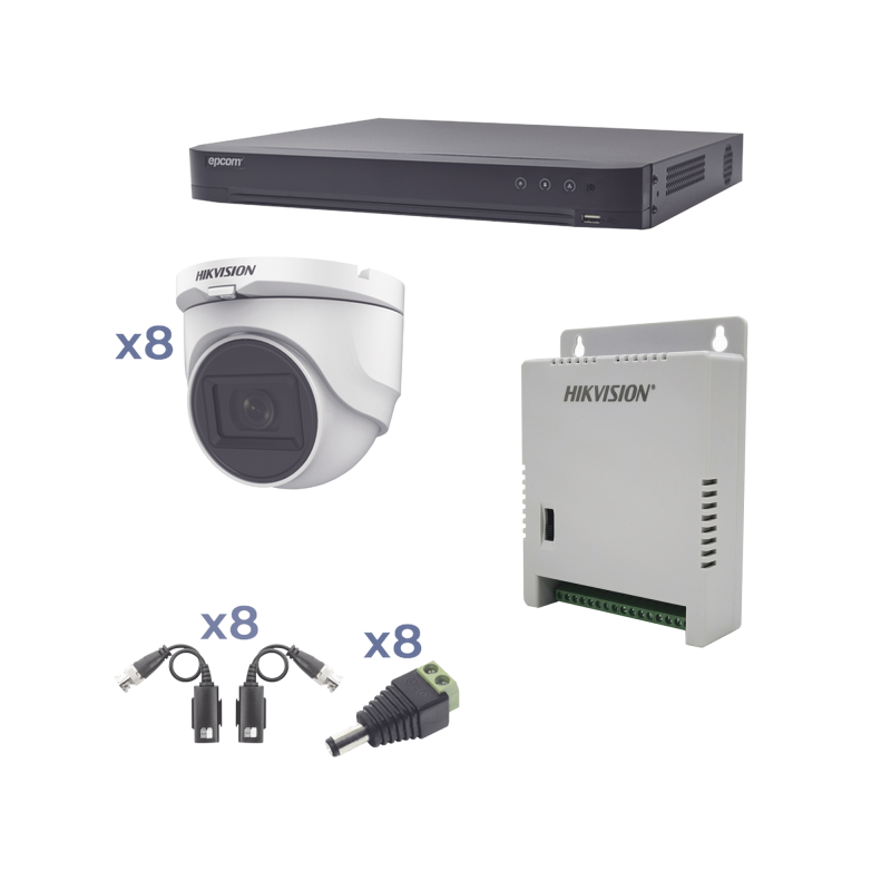 Kit TURBOHD 1080p / DVR 8 Canales / 8 Camaras Camara Turret exterior 2.8 mm / Conectores / Transceptores / Fuente de Poder Profe