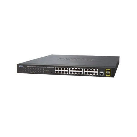 Switch Administrable Capa 2 de 24 Puertos Gigabit 10/100/1000T 2 Puertos SFP 100/1000X  Cuenta con una Interfaz de Consola