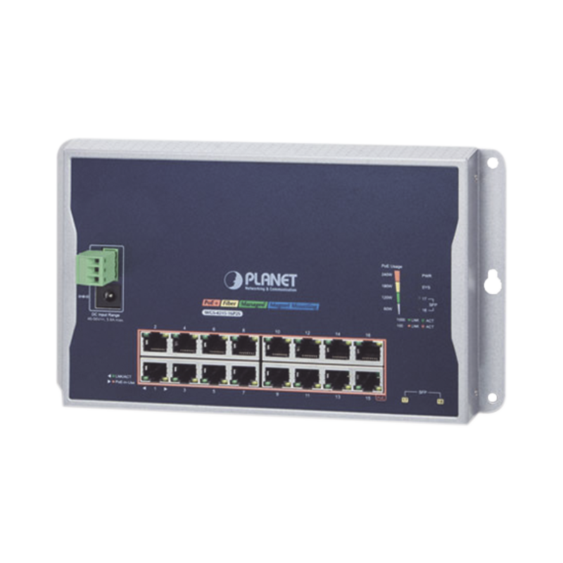 Switch Industrial Administrable Capa 2 de Pared16 Puertos PoE 802.3at Gigabit y 2 Puertos SFP