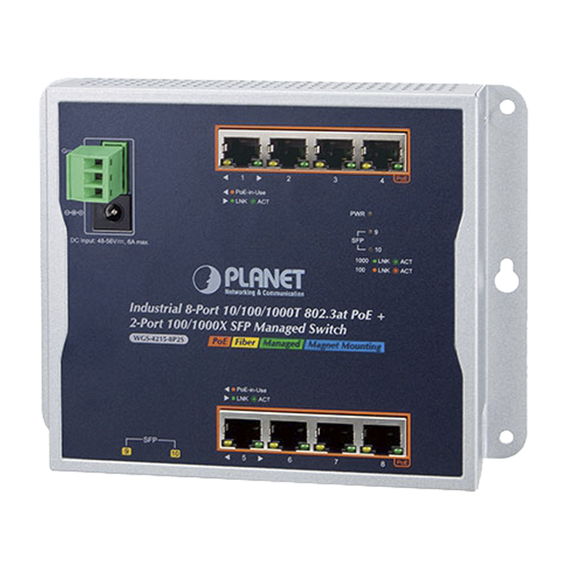 Switch Industrial PoE Administrable de Pared Capa 2 8 Puertos Gigabit PoE 802.3at y 2 Puertos 100/1000X SFP