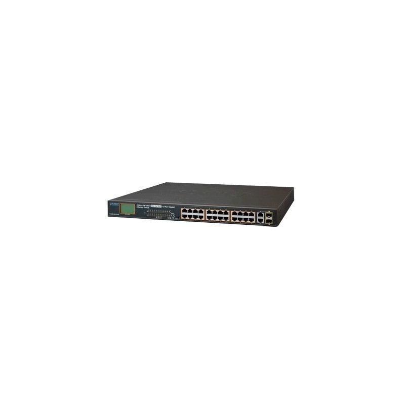 Switch No Administrable 24 Puertos PoE 10/100 802.3af/at 2 Combo TP/SFP Gigabit y Pantalla LCD para Monitoreo y Configuracion B