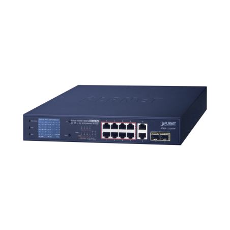 Switch No Administrable 8 Puertos Gigabit con Modo Extend PoE a 250 mts 2 puertos Uplink 10/100/1000 Mbps 2 Puertos SFP