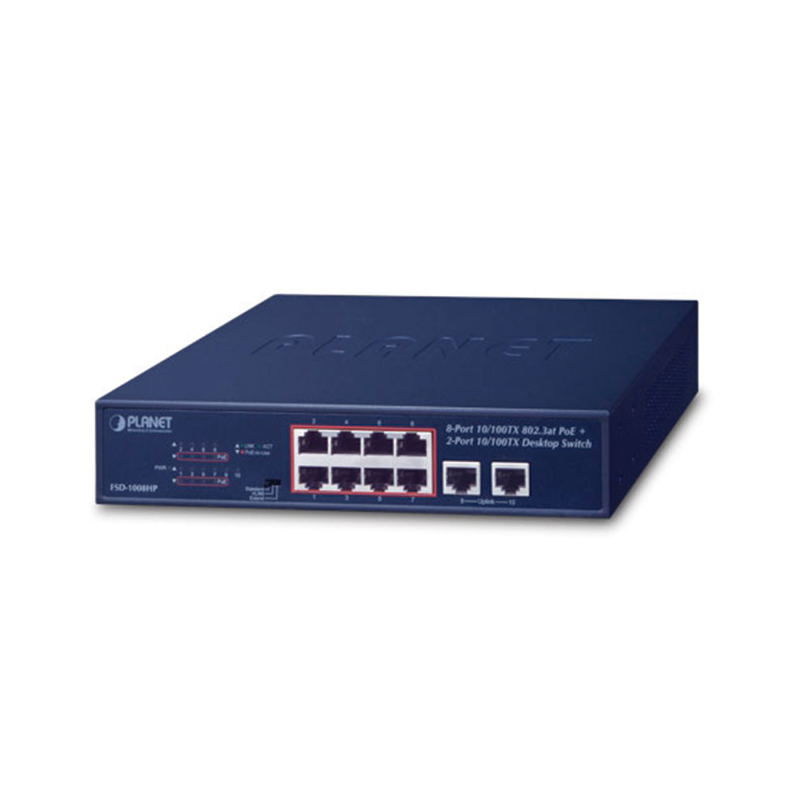 Switch No Administrable de Escritorio y Rack 8 Puertos Fast Ethernet conPoE 802.3af/at 2 Puertos Uplink Hasta 250 m en Modo