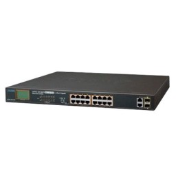 Switch no administrable PoE+ Extended Aislamiento VLAN de 16 puertos + 2 combo TP/SFP Gigabit y Pantalla