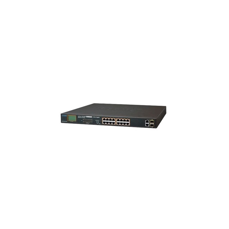 Switch no administrable PoE+ Extended Aislamiento VLAN de 16 puertos + 2 combo TP/SFP Gigabit y Pantalla