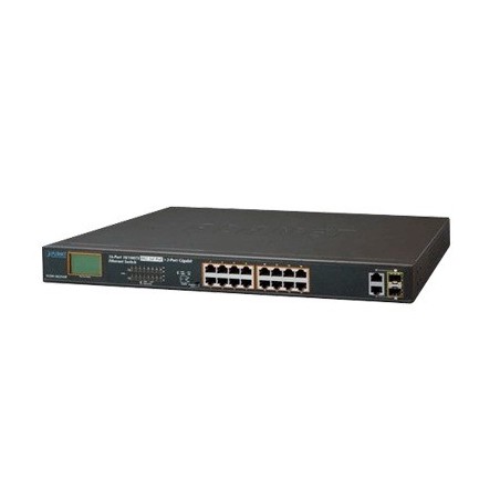 Switch no administrable PoE+ Extended Aislamiento VLAN de 16 puertos + 2 combo TP/SFP Gigabit y Pantalla