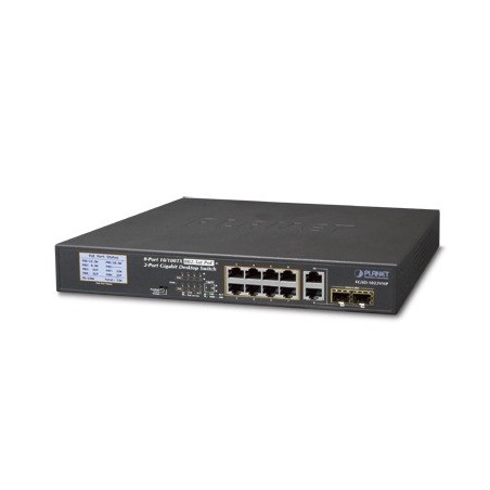 Switch PoE+ / distancia 250 metros / 8 puertos + 2 combo TP/SFP gigabit y pantalla LCD para monitoreo